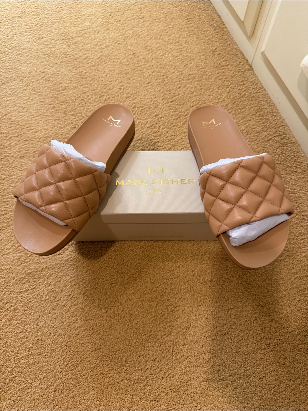 Marc Fisher Quilted Tan Slide Sandals